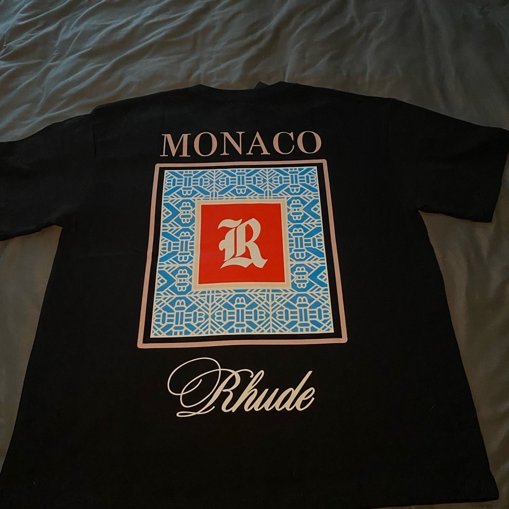 Rhude Black Tee with Blue and Red Graphic